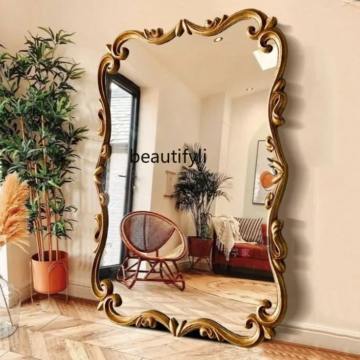 cqyEuropean retro full-length mirror wall-mounted floor-to-ceiling mirror French carved living room wall-mounted full-length mir