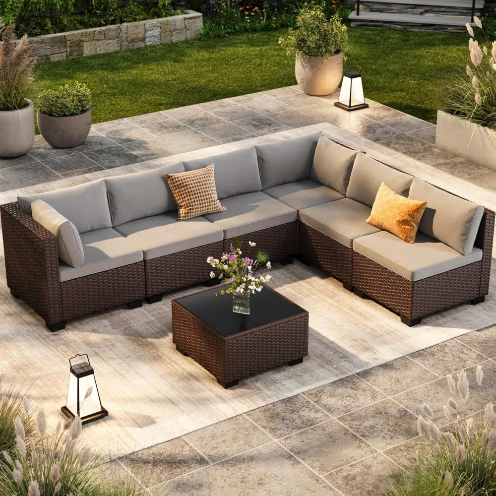 

7-Piece Patio Furniture Set, Outdoor Sectional Couch with Water-Resistant Cushions & Coffee Table, PE Rattan Outdoor Patio Sofa