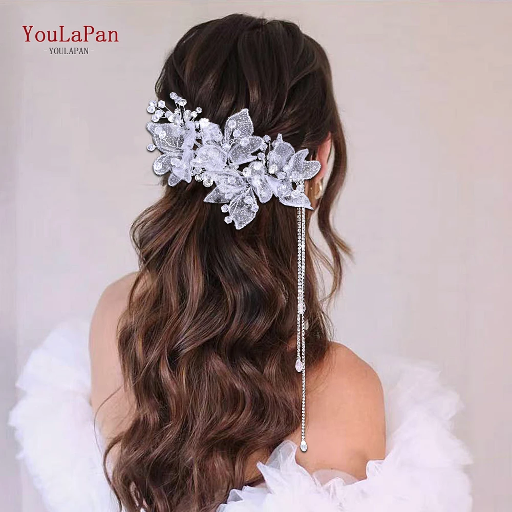 

TOPQUEEN Shiny Crystal Headband Flower Bride Wedding Headpiece Long Tassel Headband Banquet Party Prom Hair Accessories HP824