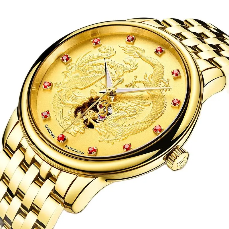 Switzerland Carnival Automatic Mechanical Men's Watches Luxury Brand 3D Dragon Diamond Sapphire Skeleton Waterproof Clock C8798