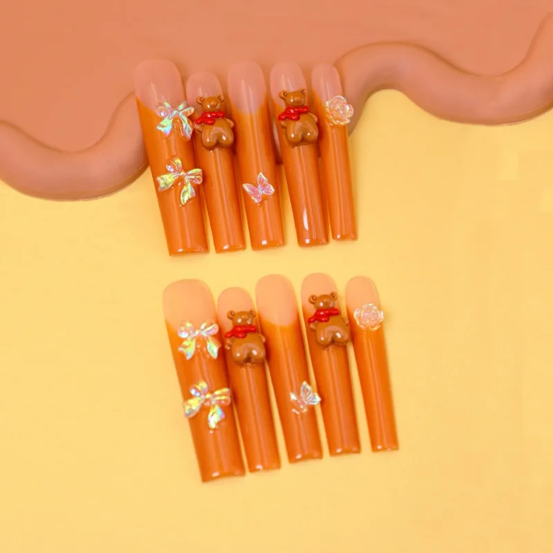 

10 Pieces Autumn and Winter Coffee Bear Handmade Press On Nails Warm Orange French Long Nails Fake Nails Removable and Reusable