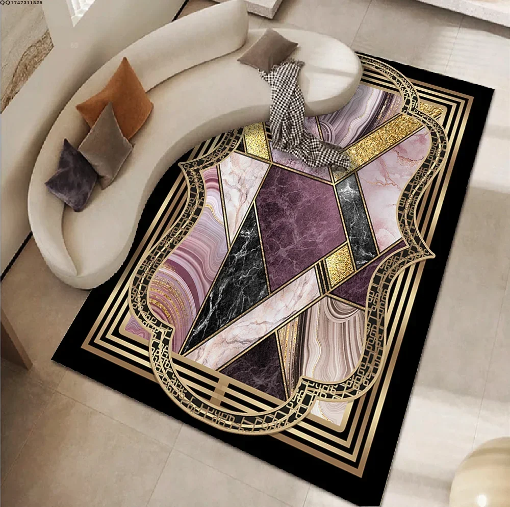 Luxury Purple Marble Area Rug Geometric Golden Border Carpet For Living Room Modern Abstract Soft Bedroom Floor Mat