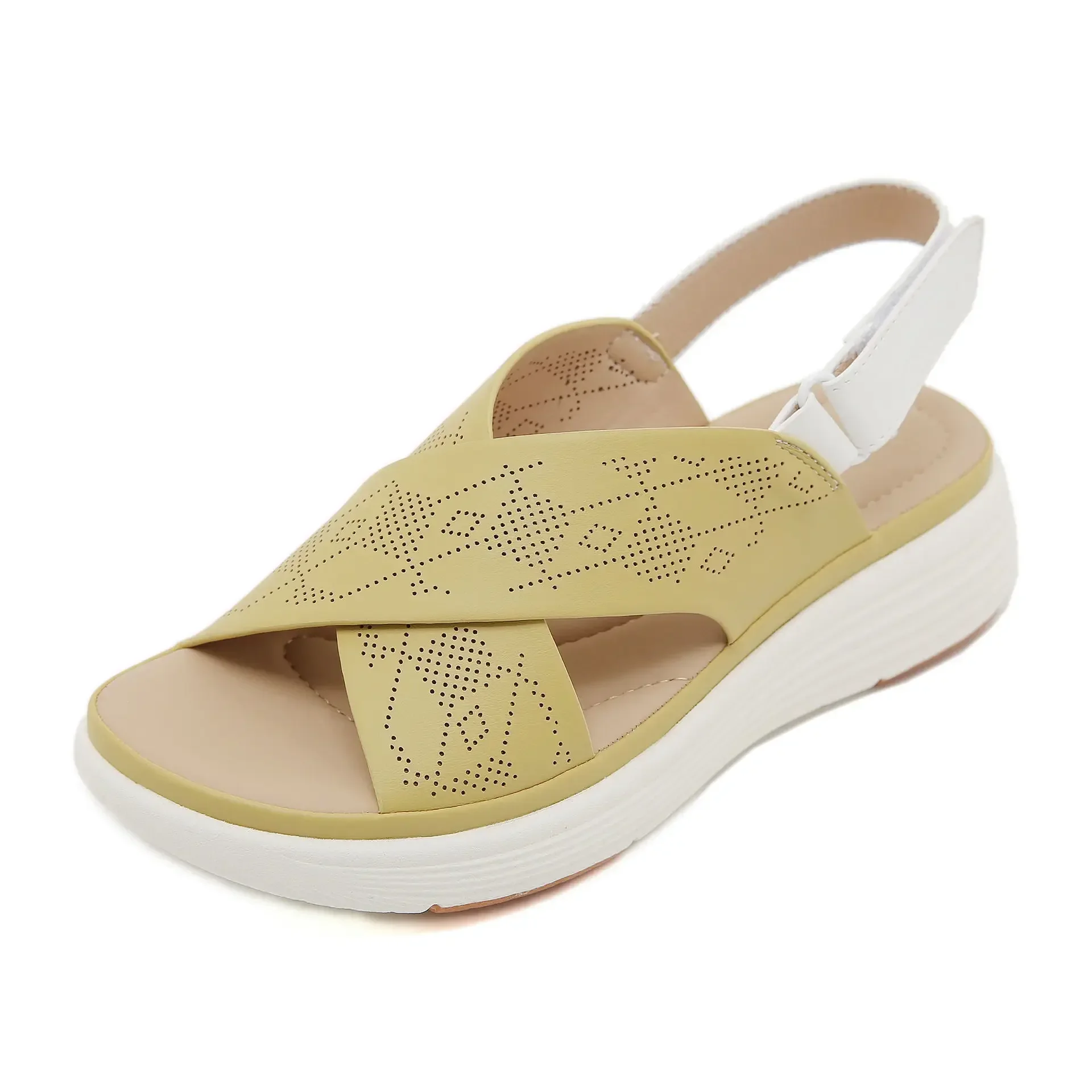 SIKETU Brand Wedge Sandals Women Adjustable Hook Loop Hollow Out Platform Light Soft Insole Cross Strap Yellow Dressy Outdoor 41