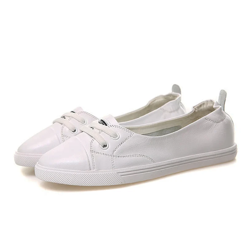 100% Genuine Leather Shoes Women Flat Causal Soft Comfortable Fashion Cowhide Brand Ladies White Shoes