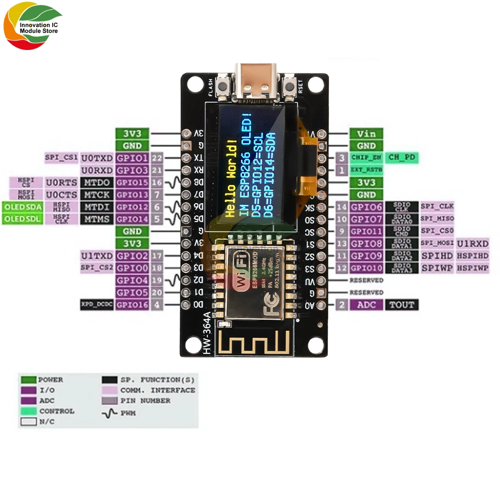 NodeMCU ESP8266 Development Board with 0.96 Inch OLED Display, CH340 Driver Module for Arduino IDE/Micropython Programming