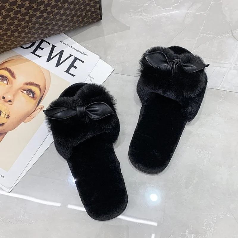 Women House Slippers Faux Fur Fashion Warm Shoes Woman Slip on Flats Female Slides Black Pink Cozy Home Furry Slippers