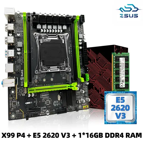 ZSUS X99 P4 Motherboard Set Kit With Intel LGA2011-3 Xeon E5 2620 V3 CPU DDR4 16GB (1*16GB) 2133MHZ RAM Memory NVME M.2 SATA
