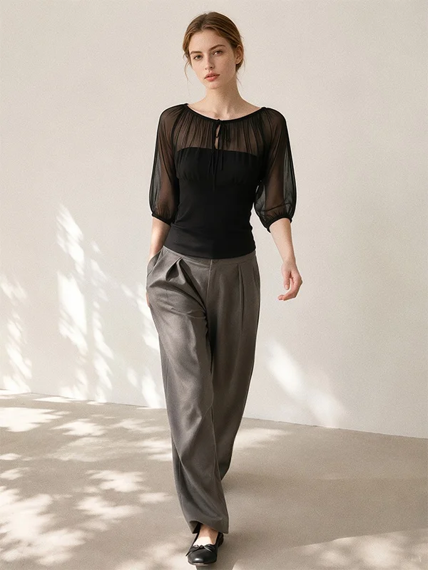 plus Size Black Semi-Transparent Mesh Sleeve T-Shirt Women Summer Holiday Two-Piece Belted Waist Slimming High-End Feeling Top