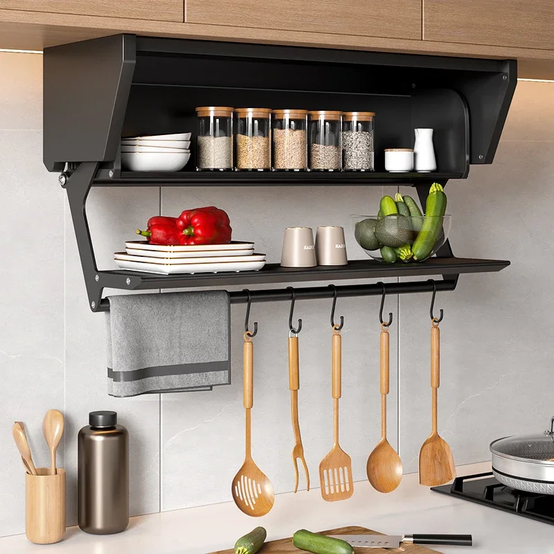 Kitchen hanging cabinet pull-down rack folding cabinet lift basket seasoning preparation dishes storage artifact