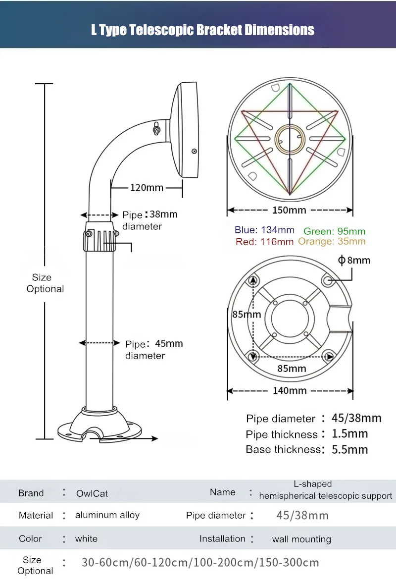 Aluminium-Dome-Kamera-Teleskophalterung für Hikvision Dahua, halbkugelförmige Panoramakamera, an der Wand montierte Hebe-Verlängerungsstange – Detail 4