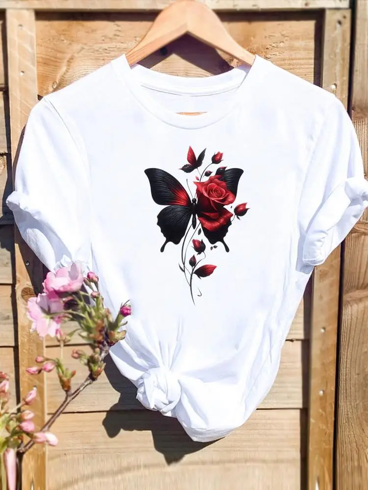

Женская рубашка с акварельным цветком и бабочкой, графическая футболка с принтом, модные женские стильные футболки с короткими рукавами, футболка
