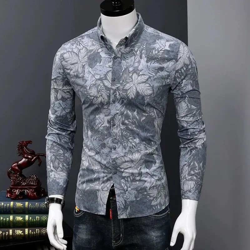

Autumn Shirt Men's Long-sleeved Slim-fit Korean Style Trendy Fashion Print Versatile Youth Handsome Button Splicing Cardigan