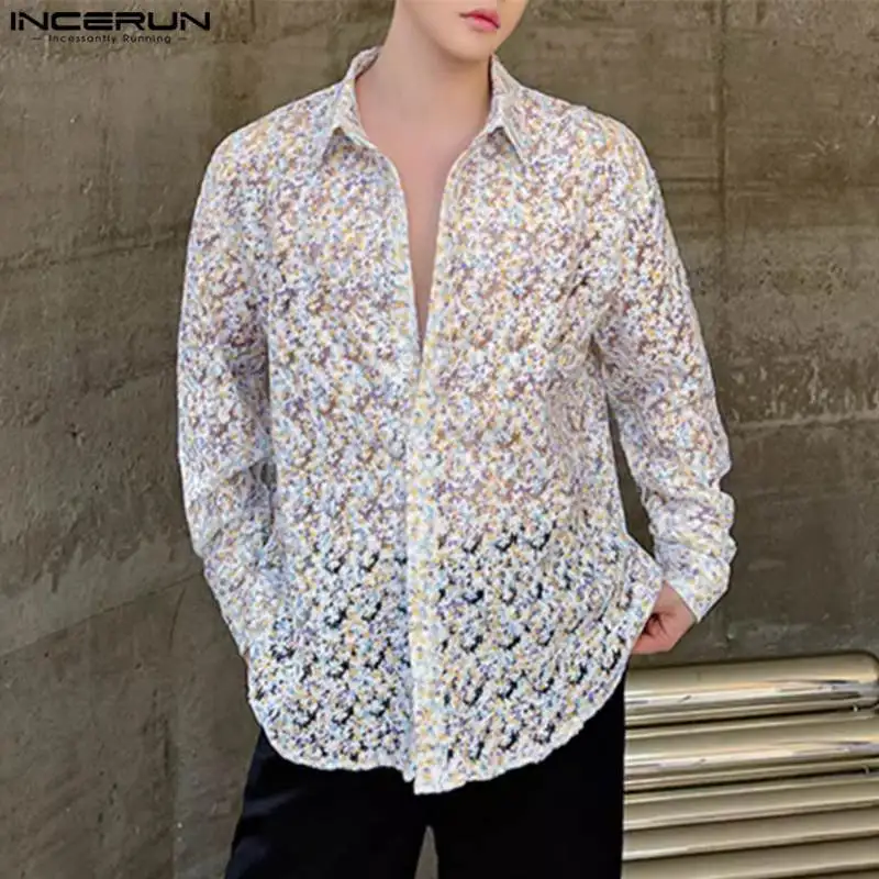 

INCERUN Tops 2024 Korean Style New Men's Organza Floral Perspective Design Shirts Casual Clubwear Thin Long Sleeved Blouse S-5XL