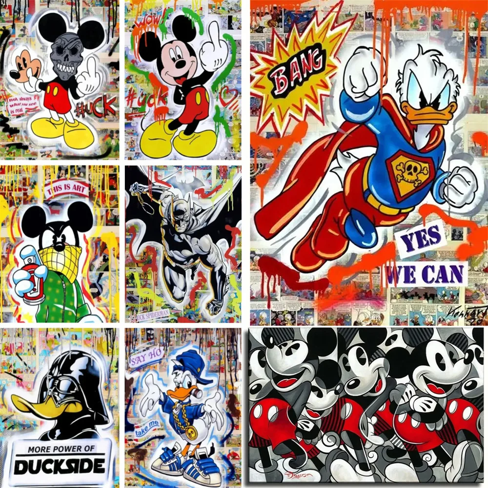 Mickey Mouse Graffiti Art Wall Decor Disney Posters And Prints Donald Duck Street Art Cartoon Pop Canvas Painting Living Room