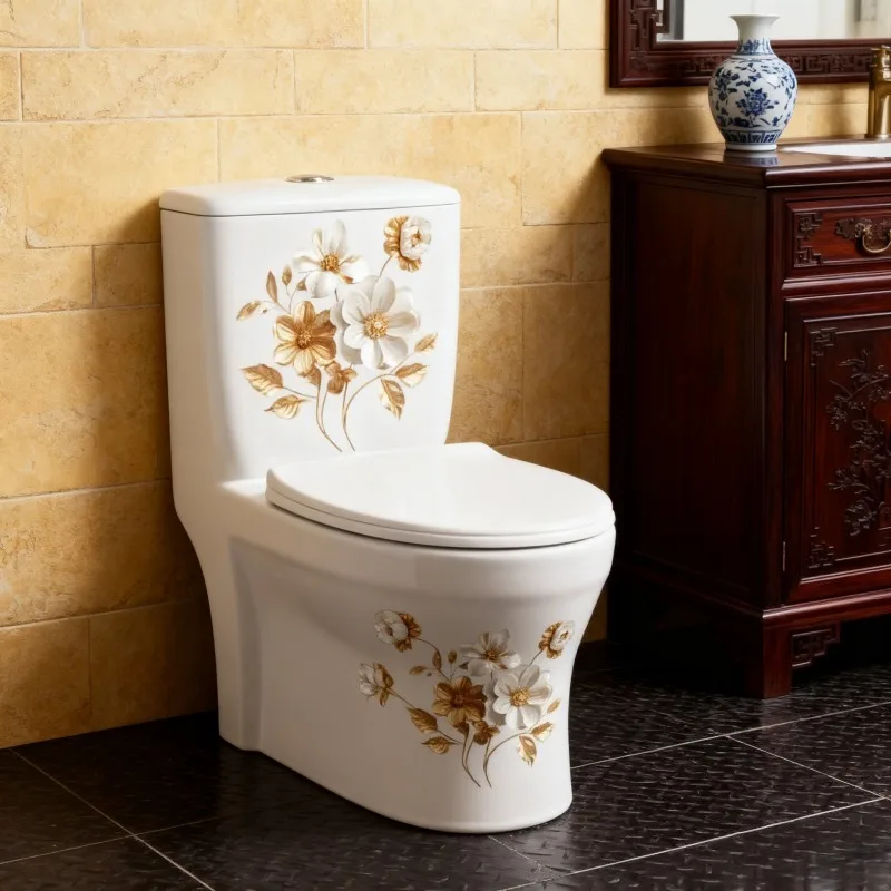 AD34116 New Gold White Dual Tone Flower Toilet Seat Sticker Self Adhesive Waterproof Bathroom Upgrade Toilet Stickers