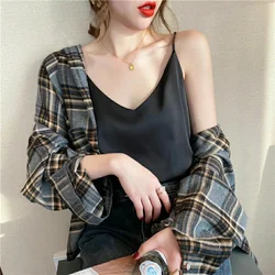 Harness Silk Top Spring Summer Blouse Shirt Women Tops 2022 High Quality Casual V Neck Basic White Black Sleeveless Blusas