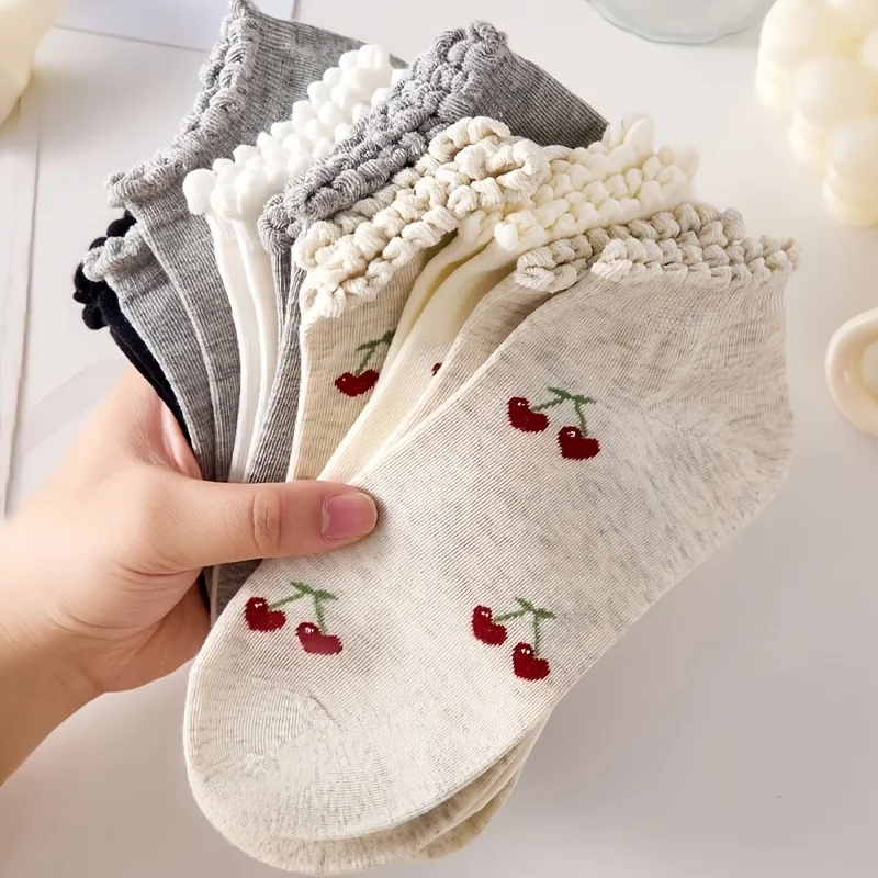 5 Paar süße Kirsch-Rüschen-Knöchelsocken für Damen, atmungsaktive, bequeme Freizeitsocken im Frühlingsstil