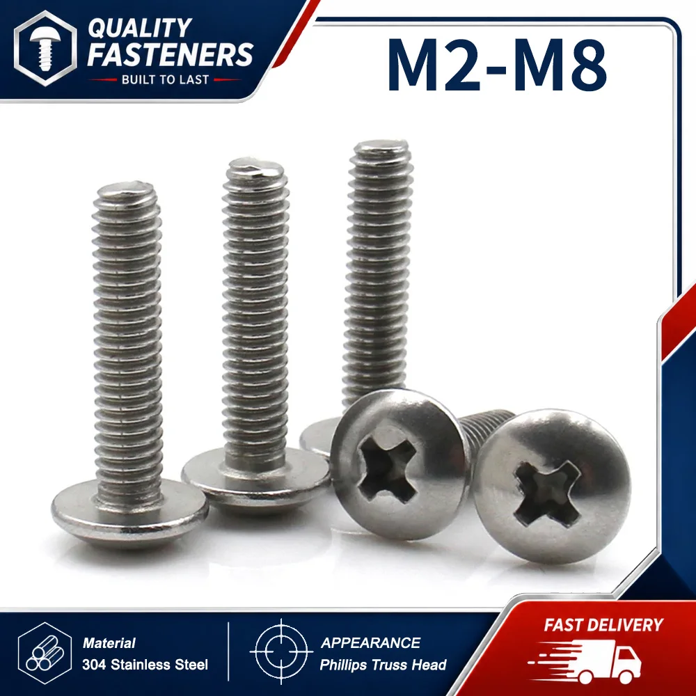 5-30PCS 304 Stainless Steel Phillips Truss Head Screws Low Profile Wide Head Machine Screw Bolts M2 M2.5 M3 M4 M5 M6 M8