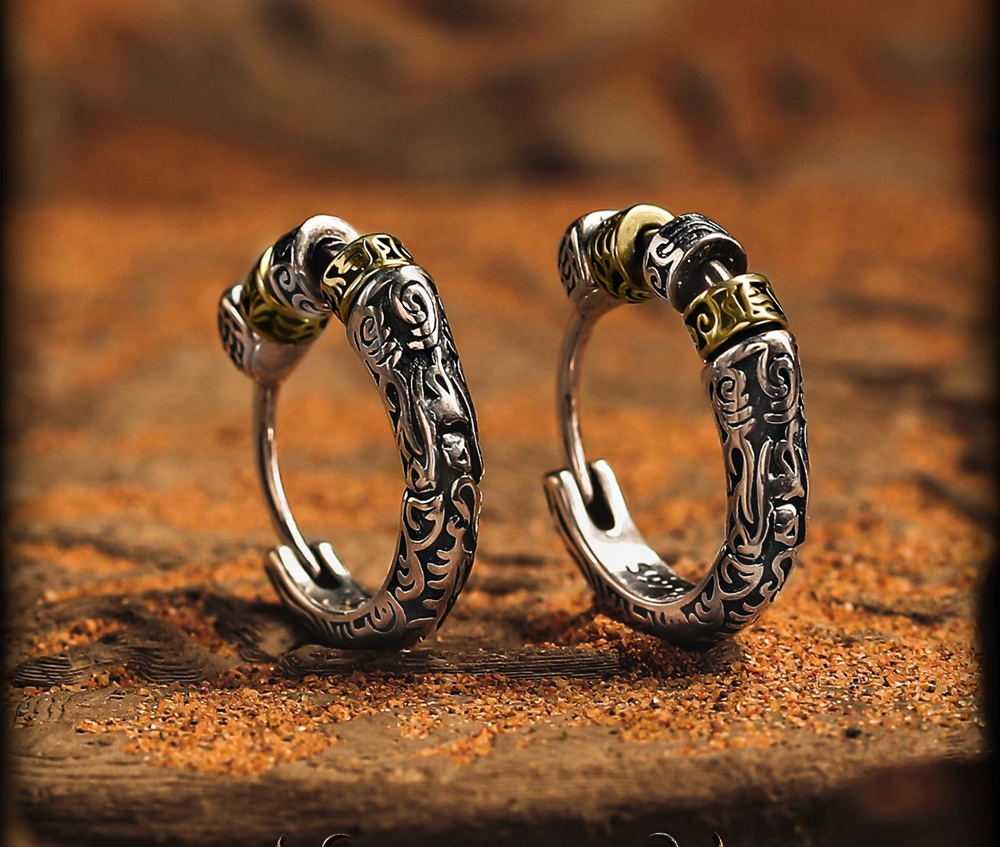 [Last Dream] Retro 925 Silver Earrings Men's Tang Grass Pattern Stud Earrings Niche Earrings