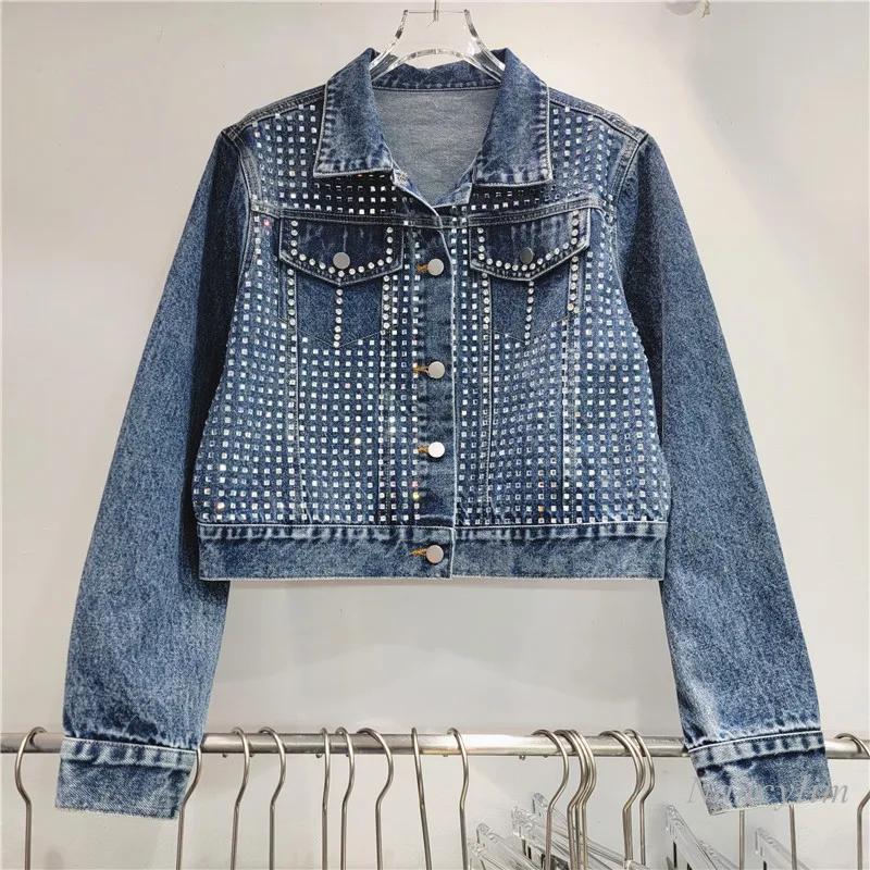 

European Style Y2k Denim Jacket 2024 Autumn New Loose Temperament Heavy Embroidery Hot Drilling Denim Coat Shiny Jean Jackets