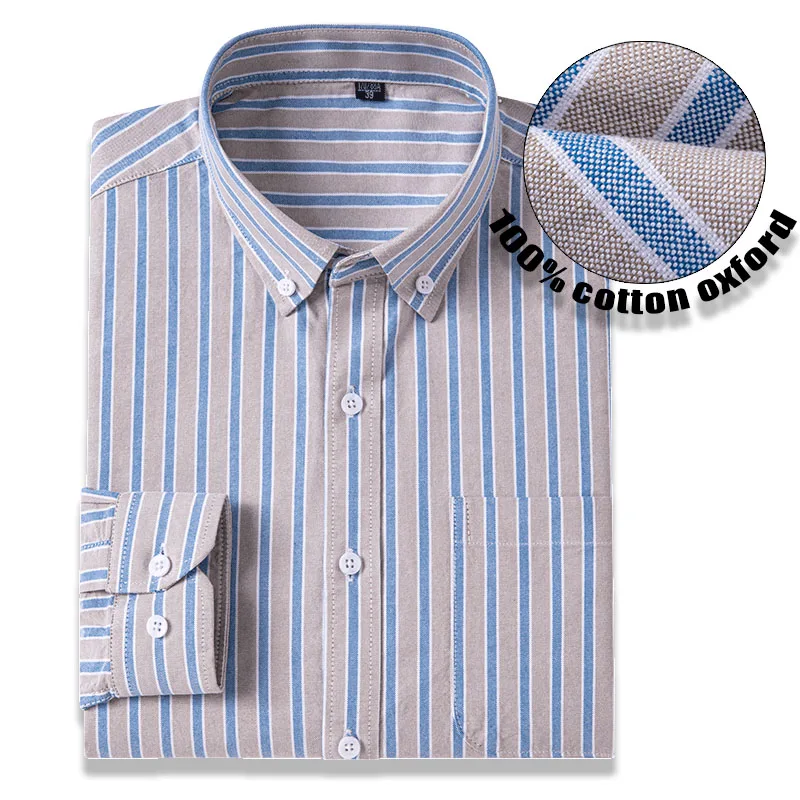 Fashion 100% Cotton Oxford Plaid Long Sleeved Shirts For Men's Slim Fit Formal Dress Soft Striped Checked Casual Elegant Blouses