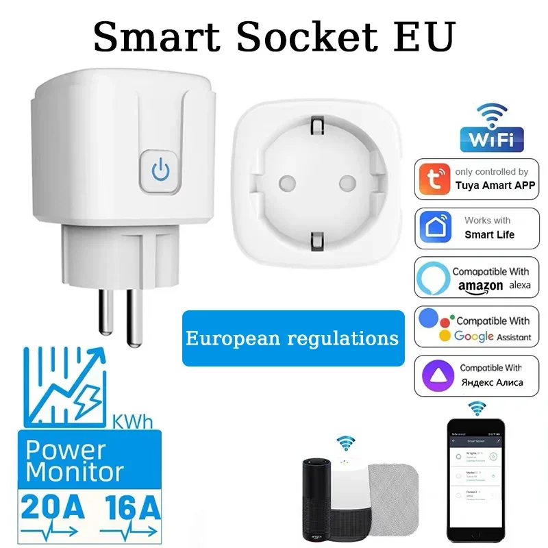 

Умная розетка Tuya 16A, 20A, Wi-Fi, функция мониторинга мощности ЕС, работает с Alexa, Google Home, Alice, Smart Life Home