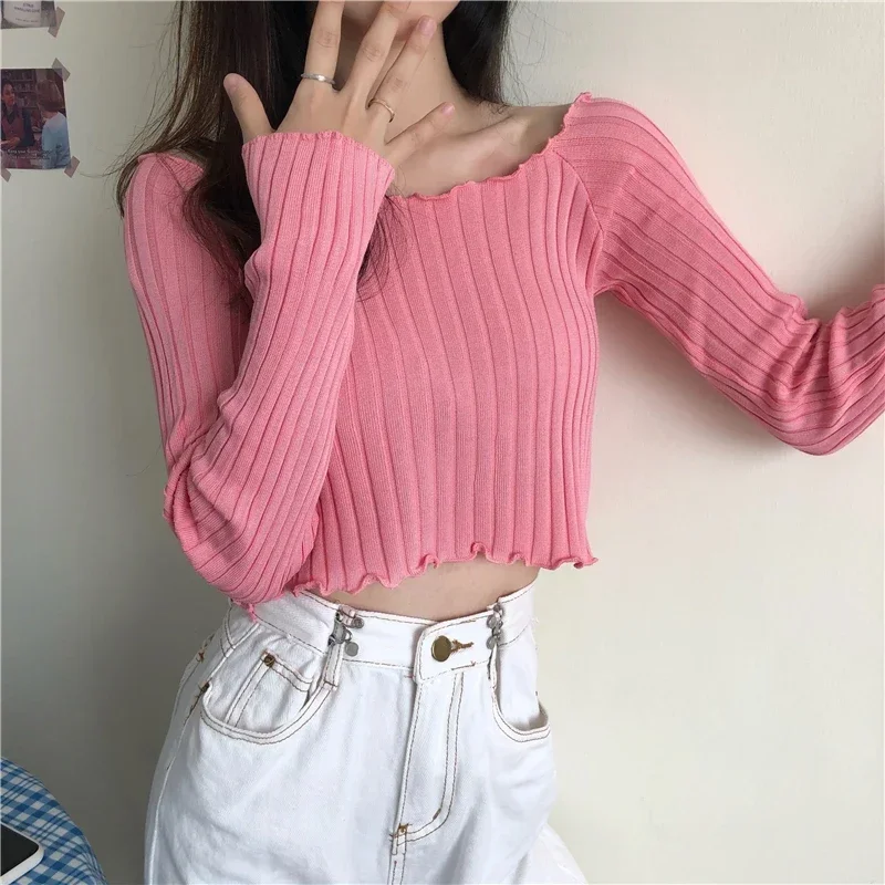 Women\'s Sweater 2024 Winter Fashion Navel Bare Cropped Tops Chic Wave Edge Casual Lady Knitted Pullover Short Solid Sweaters