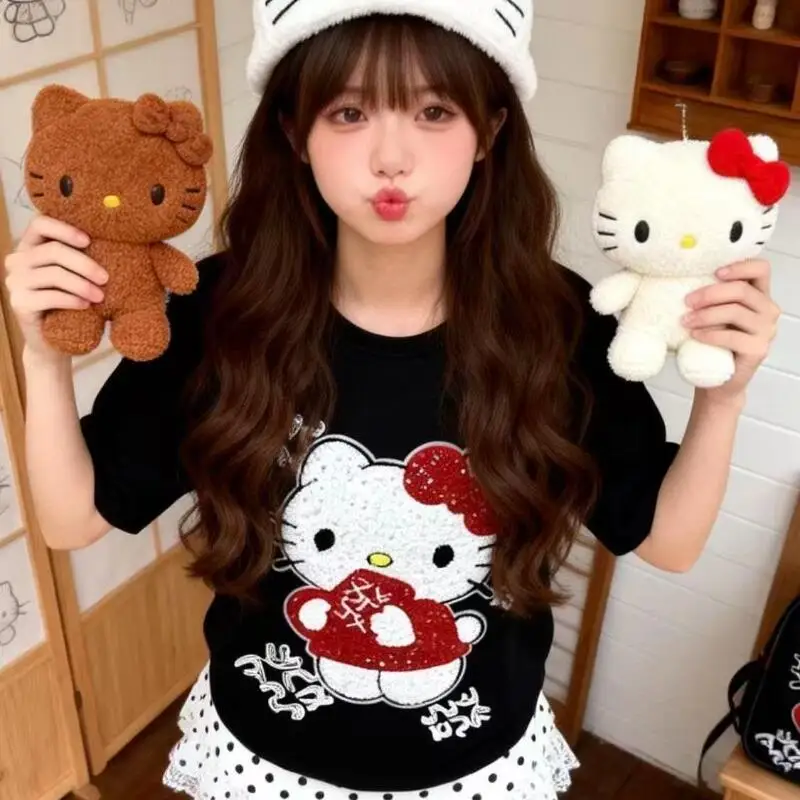 Cute Short-Sleeved Hello Kitty Summer New Style Cartoon Sequined Towel Embroidered T-Shirt for Women Popular Tops Fashionabl view 5