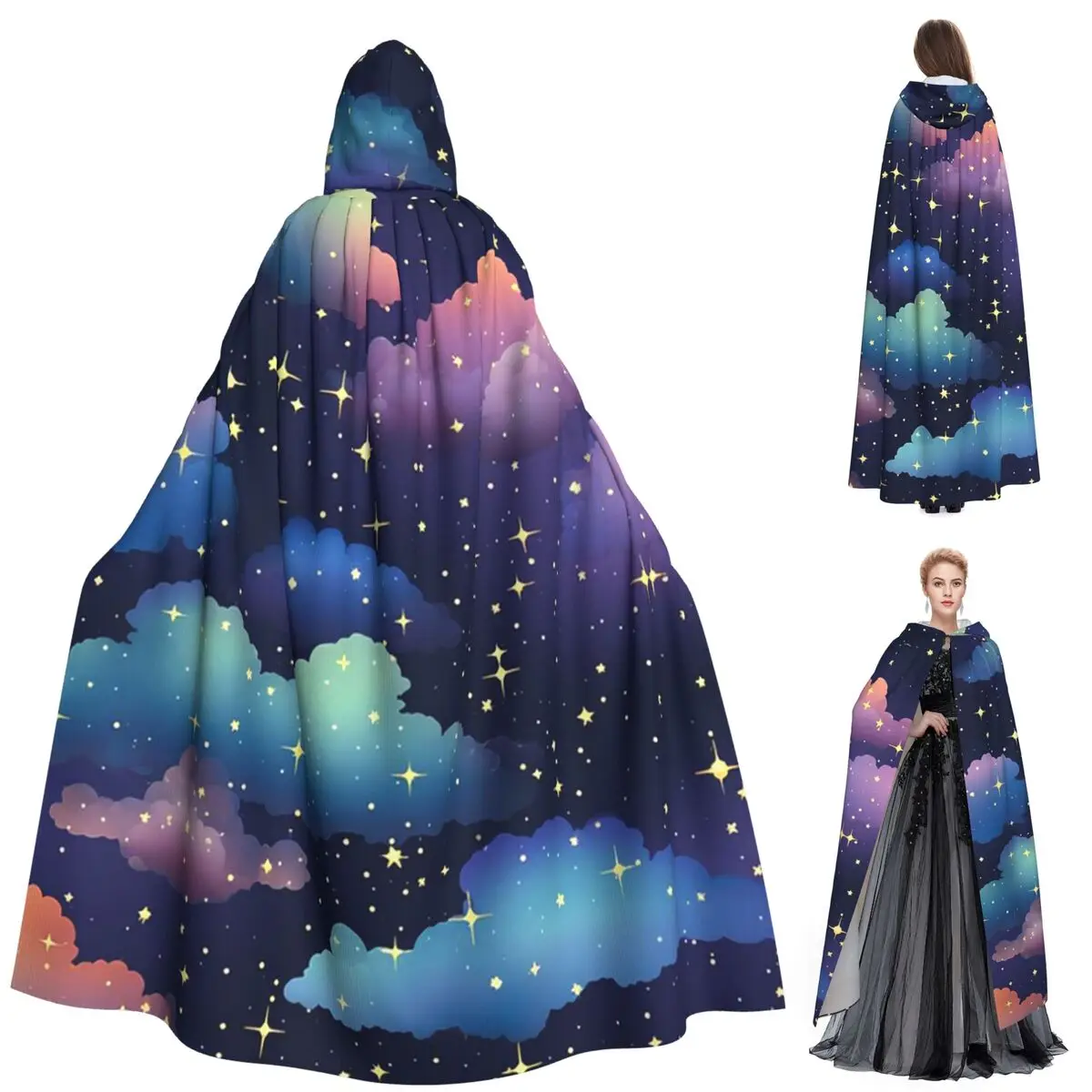 

Красочное ночное небо, наполненное сияющими звездами, длинный плащ с капюшоном, средневековый костюм ведьмы, накидка для косплея, пальто на Хэллоуин для взрослых, унисекс
