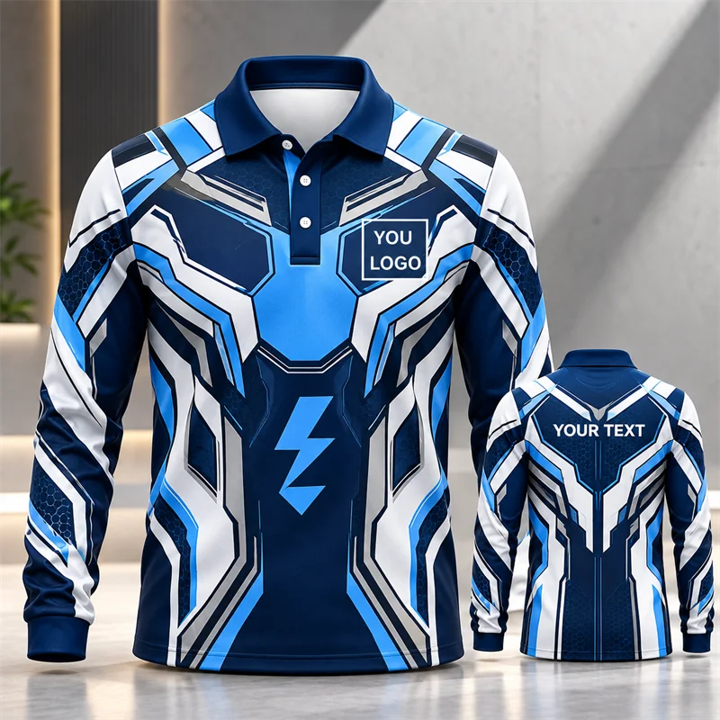 Futuristic Armor Long Sleeve Polo Shirt Men Custom Logo Text 3D Print Sports Jersey Cyber Style Teamwear for Club Racing Wear