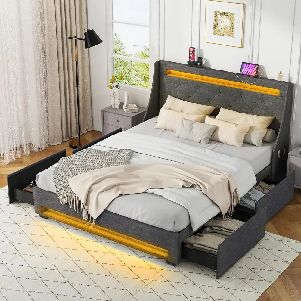 Grey Upholstered Platform Bed with LED Lights, Charging Station, Wingback Headboard, Storage Drawers & Sliding Doors, No Box Spr