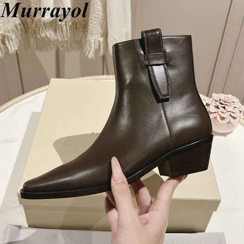 Short Boots Real Leather Pointed Toe Chunky High Heel Chelsea Booties Autumn Winter Side Zipper Design Office Commute Shoes