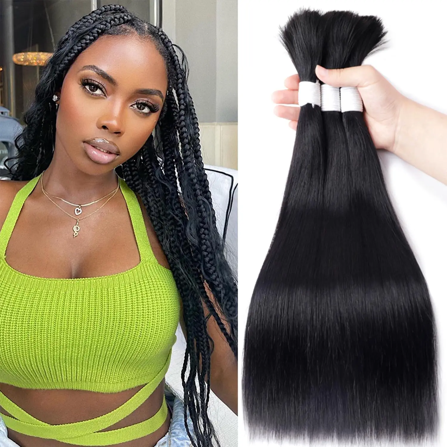 Brazilian Virgin Straight Human Hair Bundle No Weft Extensions for Boho Braids Straight Braiding Hair Bulk for Wig Making