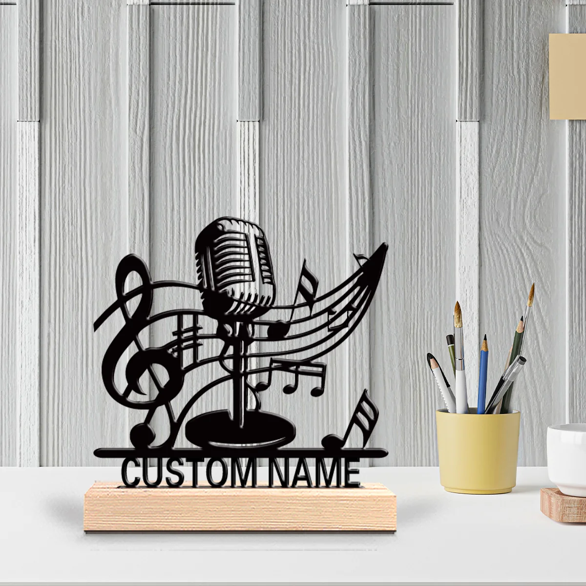 1pc Modern music sing Customized Name Metal Statue Metal Ornament Art Figurine With Wood Base Iron Ornament For Friend Gifts
