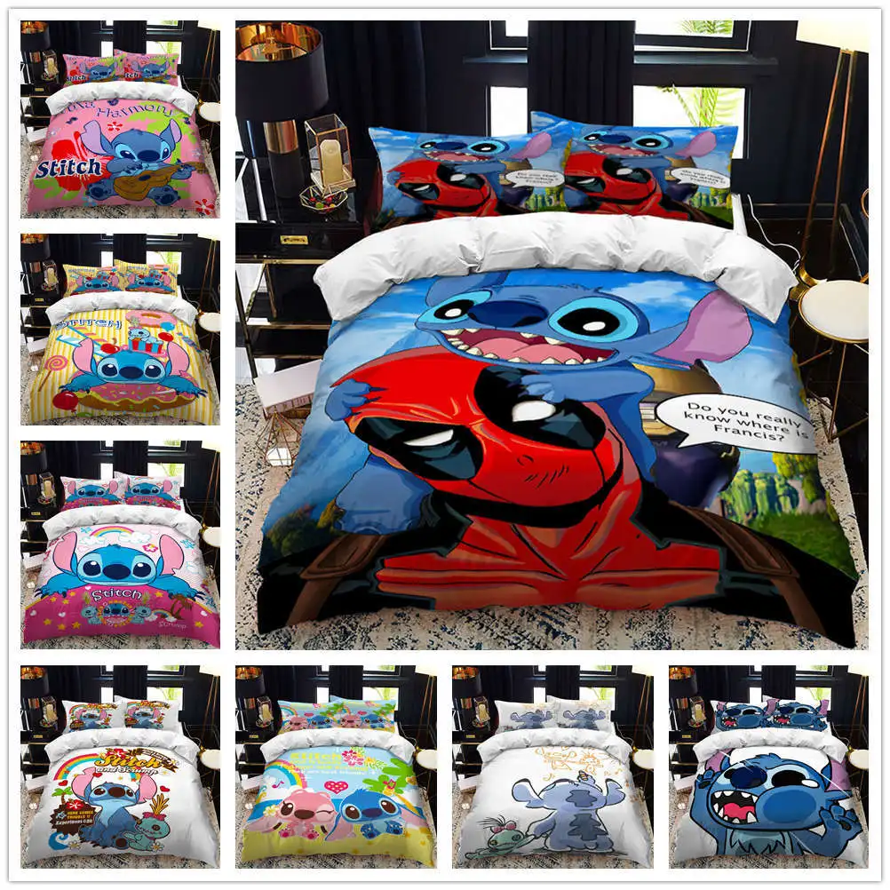 Disney Cartoon Stitch Cute Bedding Set Deadpool Soft Polyester Printed Three Piece Set Children Adult Double Bed Full Size