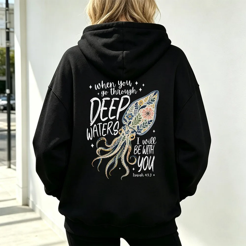 Deep Waters Bible Verse Floral Octopus Men's Casual Autumn Winter Streetwear Hoodie Trendy Deep-sea Animal Back Print Sweatshirt