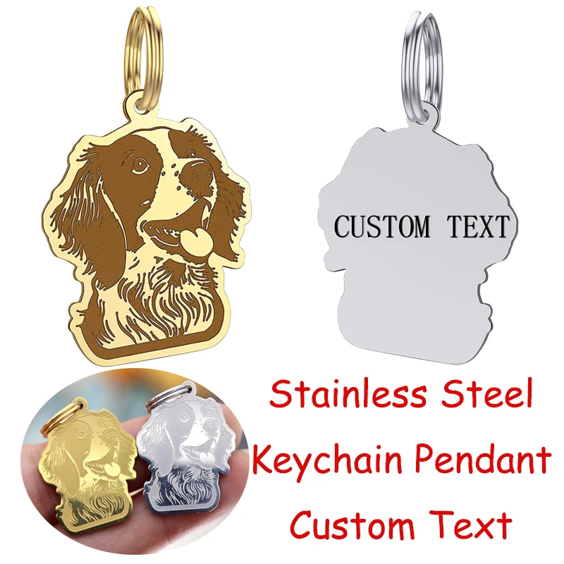 Pet Charms Lucky Dog Brittany Spaniel Gold Plated Stainless Steel Keychain Pendant Kids Gifts Jewelry Custom Text Number Keyring