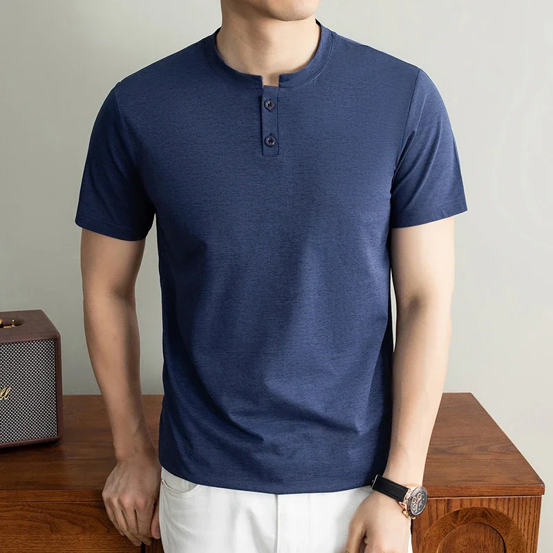 Mens Two Button Henley Notch Neck T Shirts Summer Breathable Melange Fabric Casual Tops For Office Commute Travel