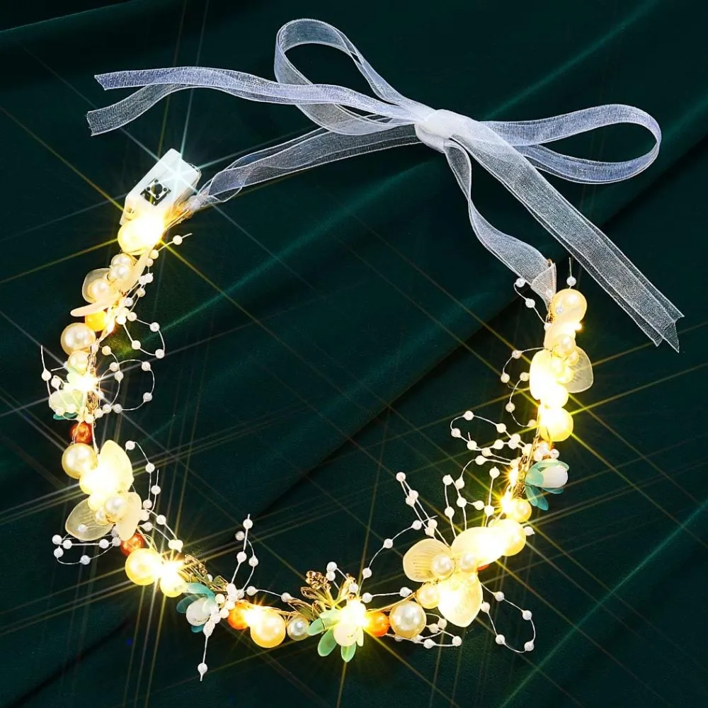 

Light Up Flower Wedding Headbands LED Pearl Floral Headpiece Princess Bridal Hair Accessories for Women