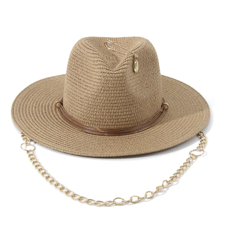 Women's Summer Straw Fedora with Metal Shell Chain Design Fashion Sun Beach Vacation Cap