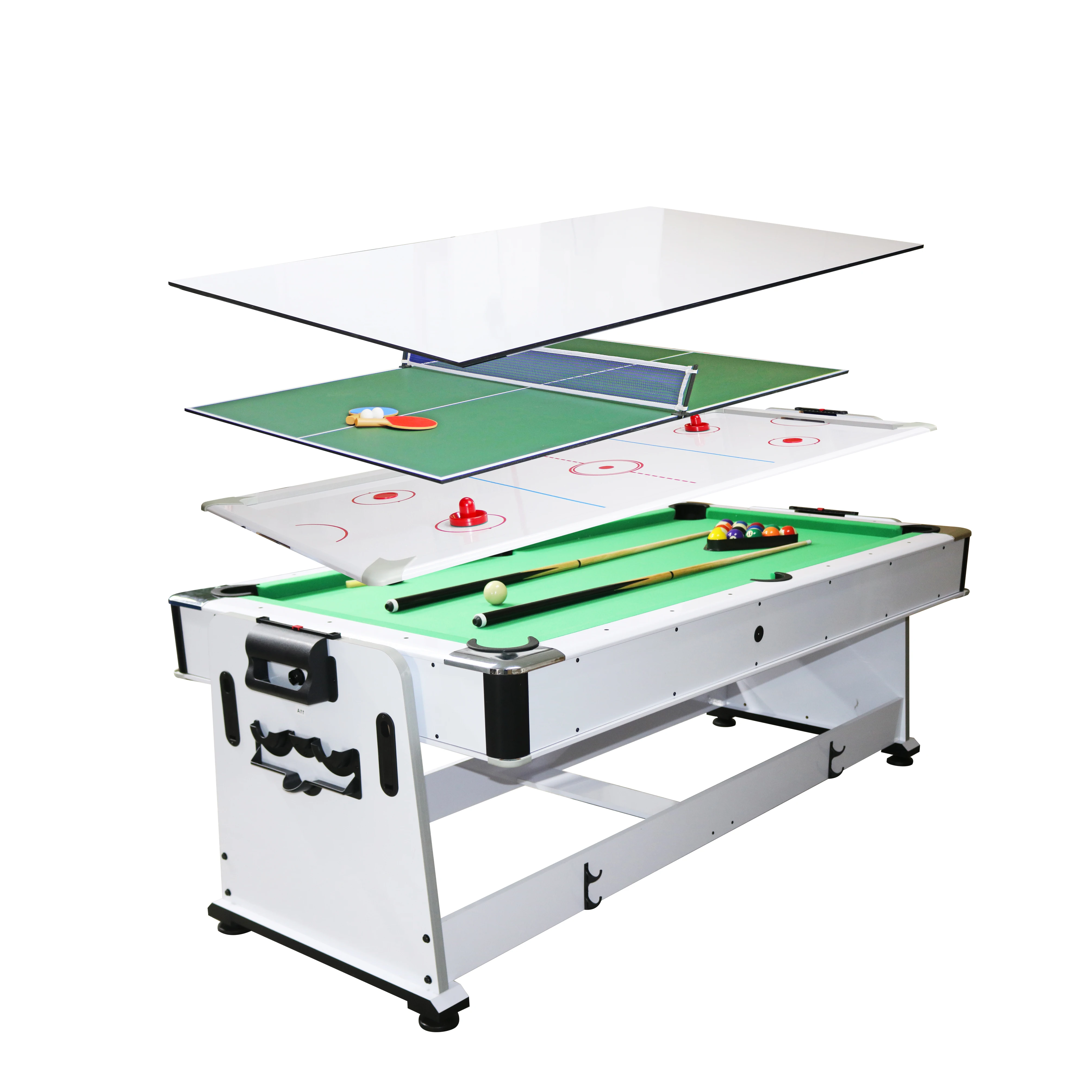 

4 in 1 - 7Ft White Pool Table with Benches + Air Hockey + Tennis Table Tennis + Dinner Table Model Mattew, Green,White,Red