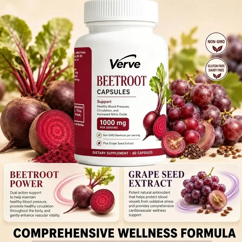 Beetroot Capsules, A Three in One Plant Formula Containing Grape Seed Extract, 60 Capsules for Daily Nutrition