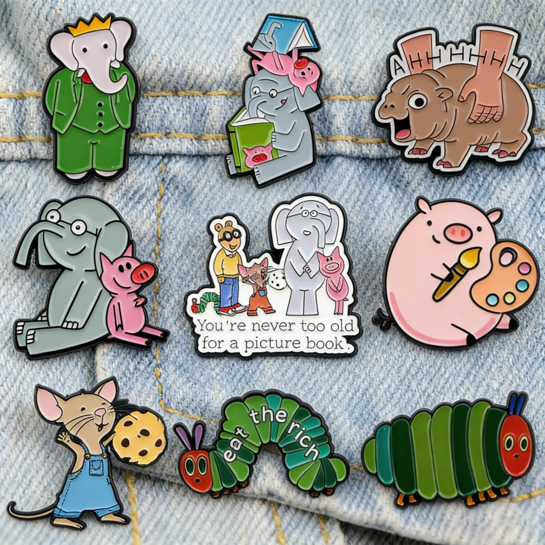 Classic Children's Book Enamel Pins Elephant & Pig Very Hungry Caterpillar Cartoon Brooches Mouse Lapel Pins Book Lovers Gift