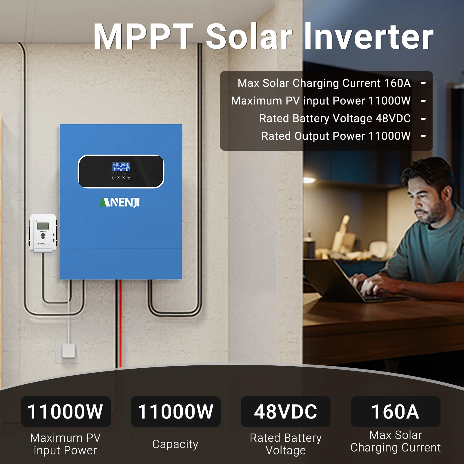 11KW 48V Hybrid Solar Inverter With 2 MPPT 160A Solar Charge Controllers Pure Sine Wave On/Off Grid Inverter For 220VAC PV 500V