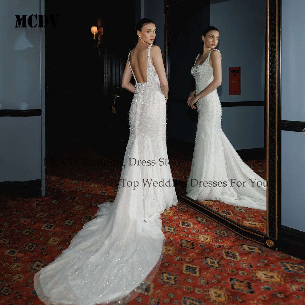 MCDV perles robe de mariée sirène bretelles Spaghetti dos nu luxe robe de mariée mariée balayage Train robe de soirée personnalisée