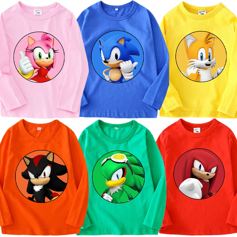 New Sonics T-shirts for Children Cartoon Anime Printed Long-sleeved T-shirt Kids Boys Casual Sports Tops Children's Clothing