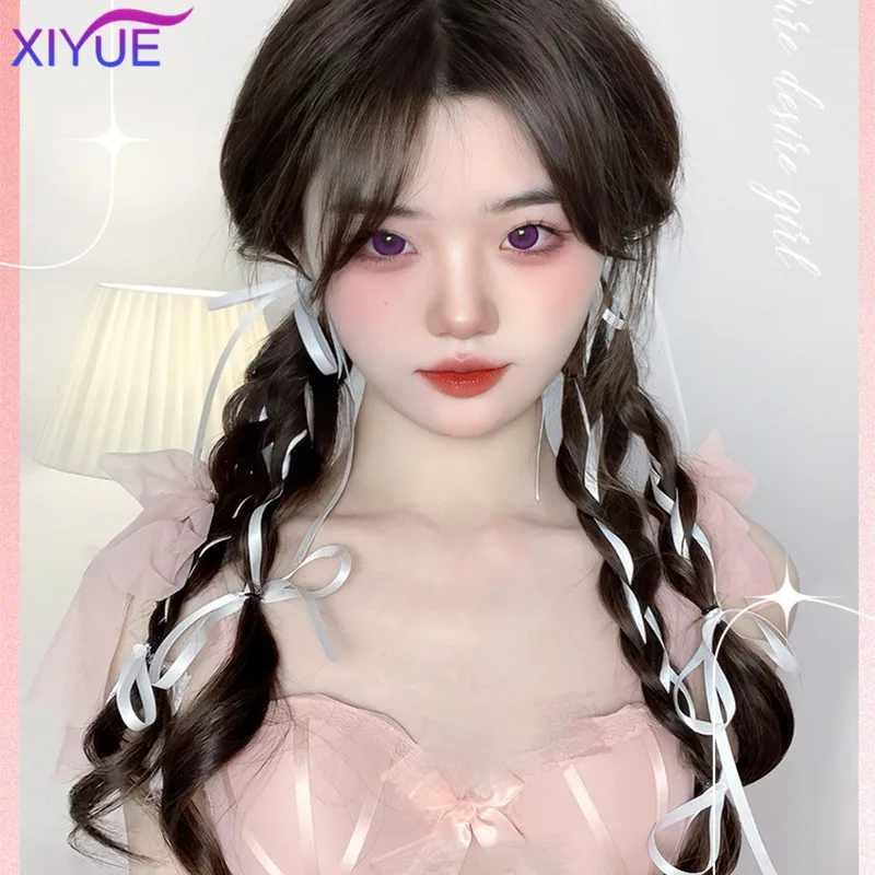 XIYUE synthetic Wig female ponytail ribbon natural imitation boxing braid net red Pigtail bow wig ponytail