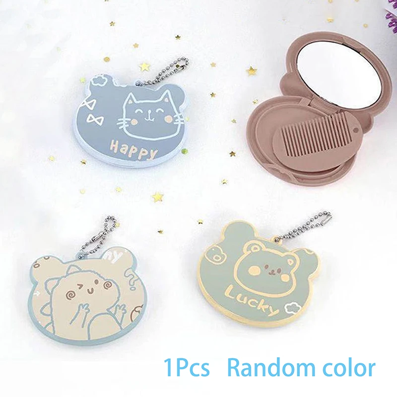 1pc Mini Folding Mirror Hair Brush Cute Cartoon Bear Hair Comb Small Portable Kids Girl Hair Accessories Makeup Tool