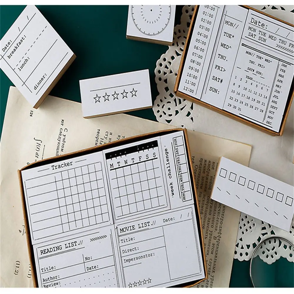 DIY Decoration Wooden Journal Stamps Set Monthly Schedule Scrapbooking Daily Plan Stationery Basic Function Habit Tracker
