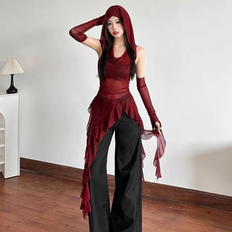 Women Wine Red Sheer Mesh Hooded Top  With Detachable Arm Sleeves Irregular Ruffle Asymmetric Hem Goth Y2K Club Party Outfit